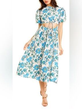 Moonsea Floral Cut-Out Front Midi Dress Blue Green Puff Sleeve Size L